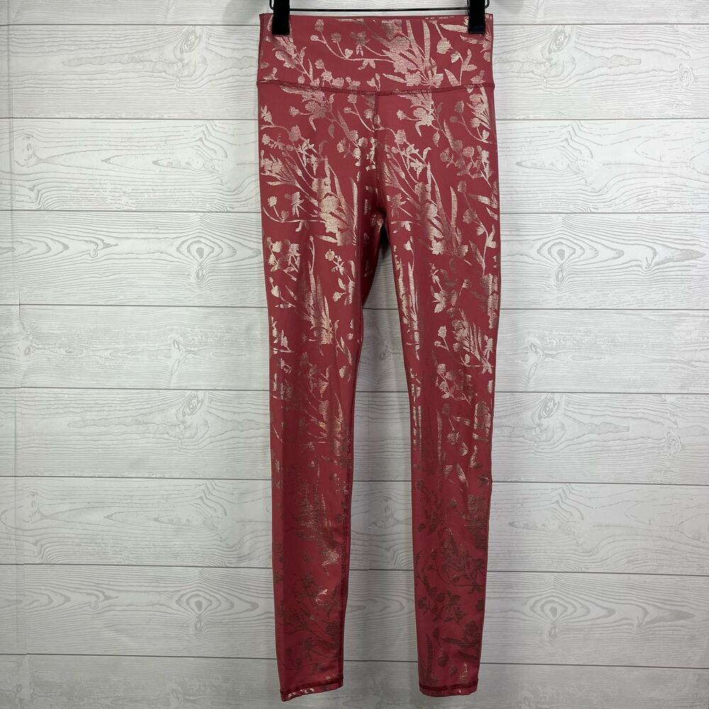 Fabletics Activewear Pink Metallic Floral Tights Size Small High Waist Leggings